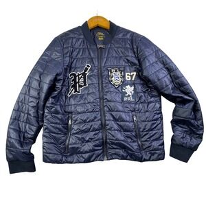 Polo Ralph Lauren Jacket Quilted Patches Puffer Bomber Large Blue